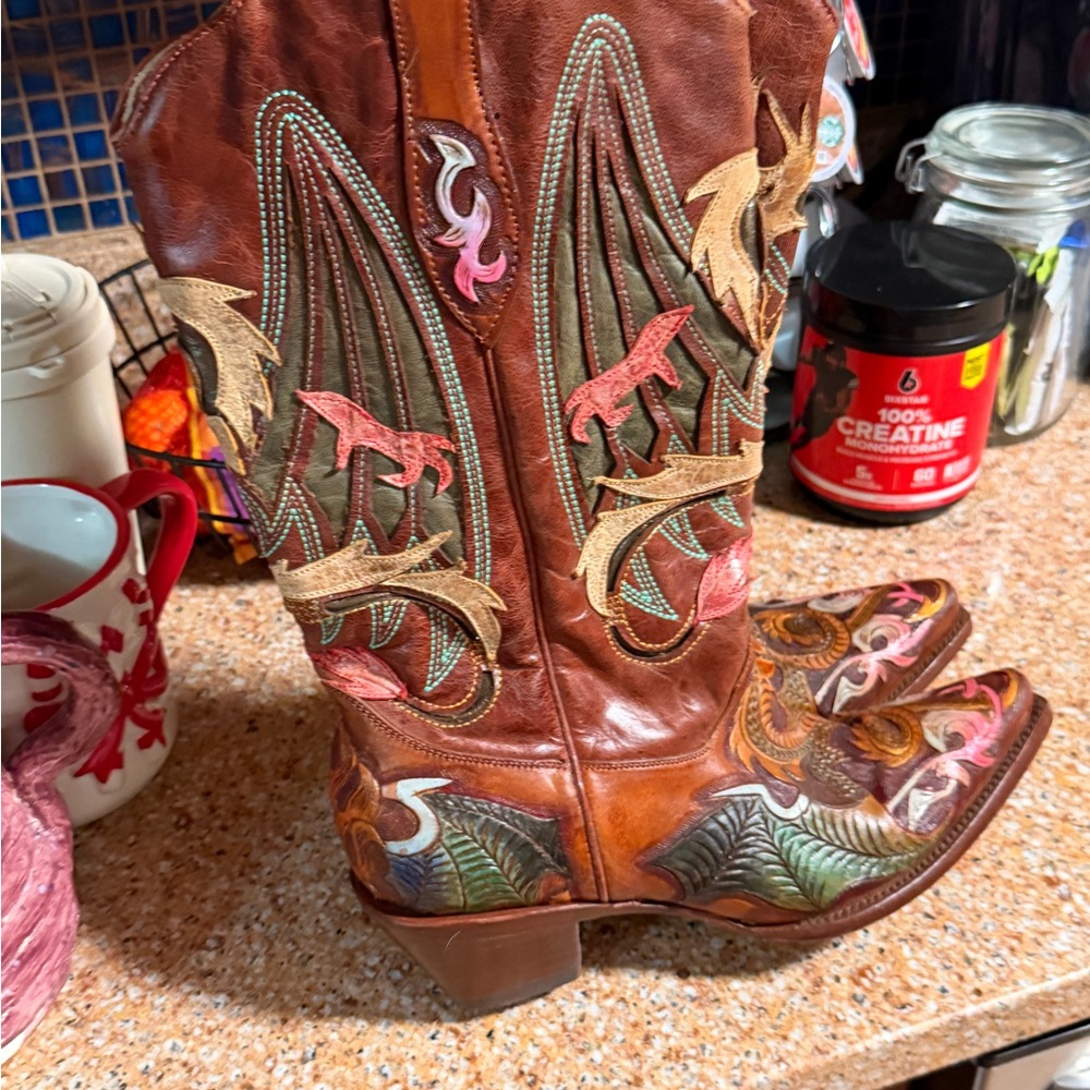 Embroidered Brown Heeled Boots